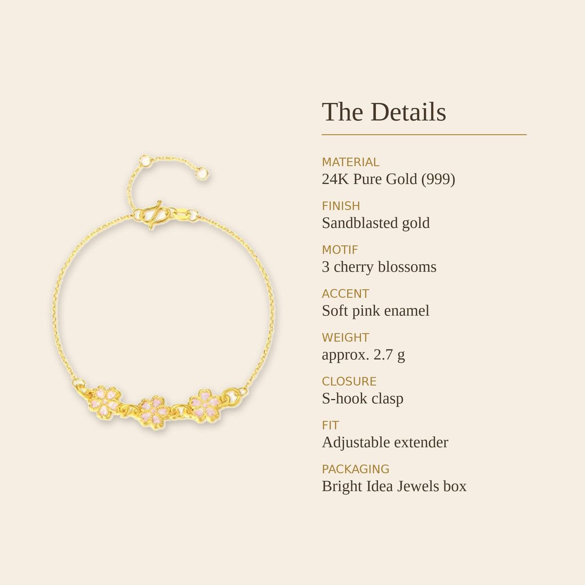 24K Pure Gold Cherry Blossom Bracelet