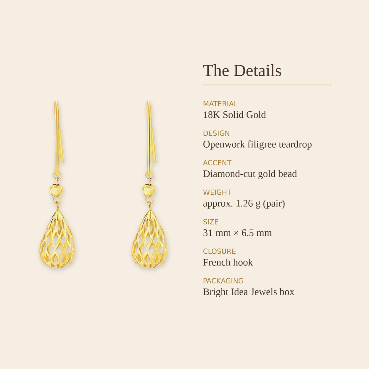 18K Solid Gold Filigree Teardrop Earrings