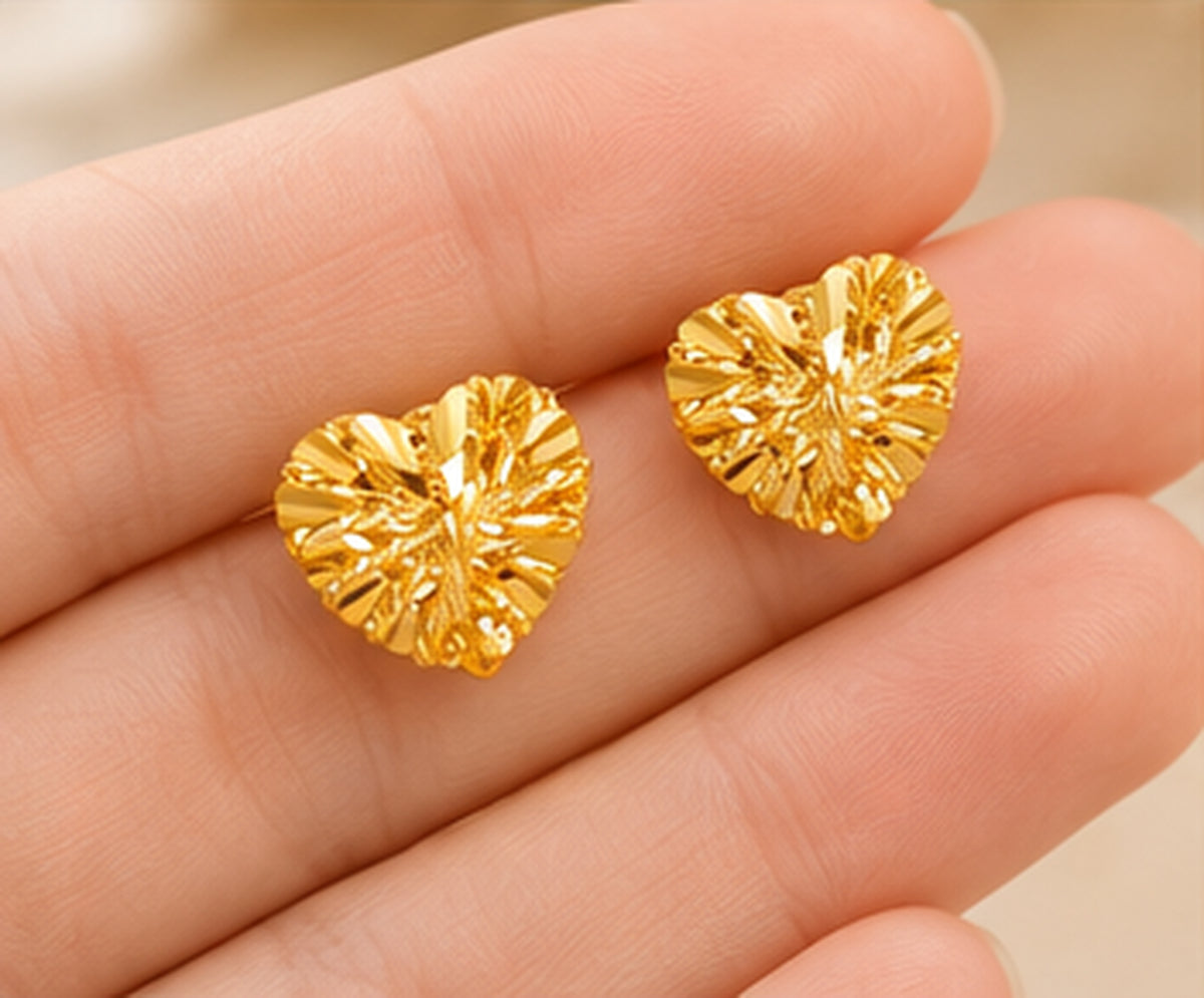 24K Pure Gold Textured Heart Stud Earrings
