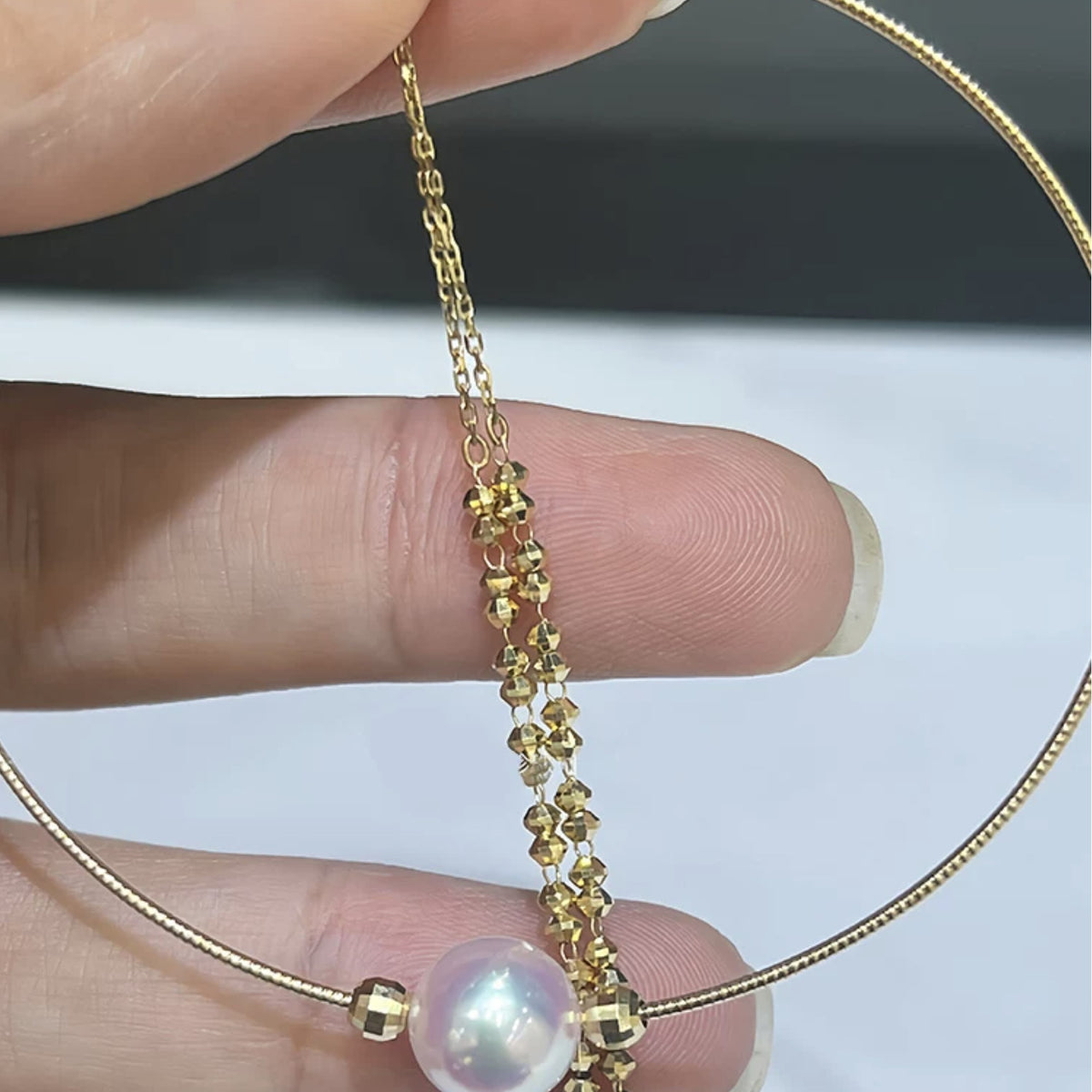 18K Solid Gold Akoya Pearl Double Bangle