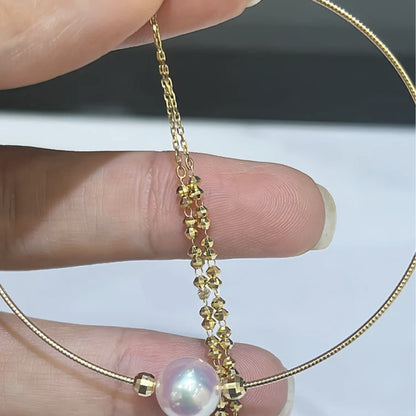 18K Solid Gold Akoya Pearl Double Bangle