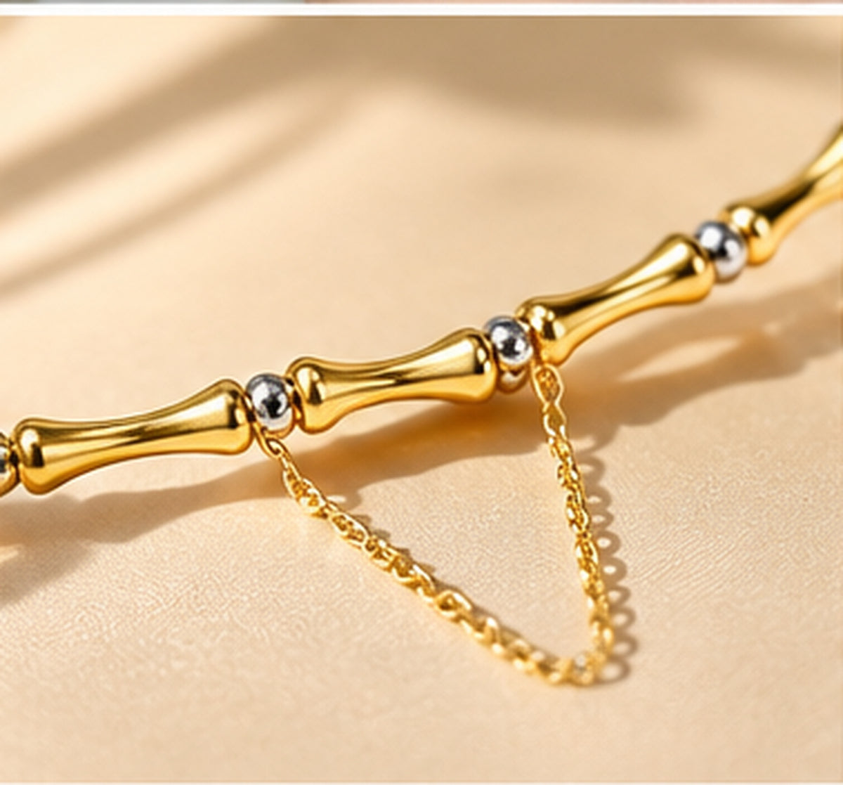 18K Solid Gold Bamboo Link Bracelet with Two-Tone Beads