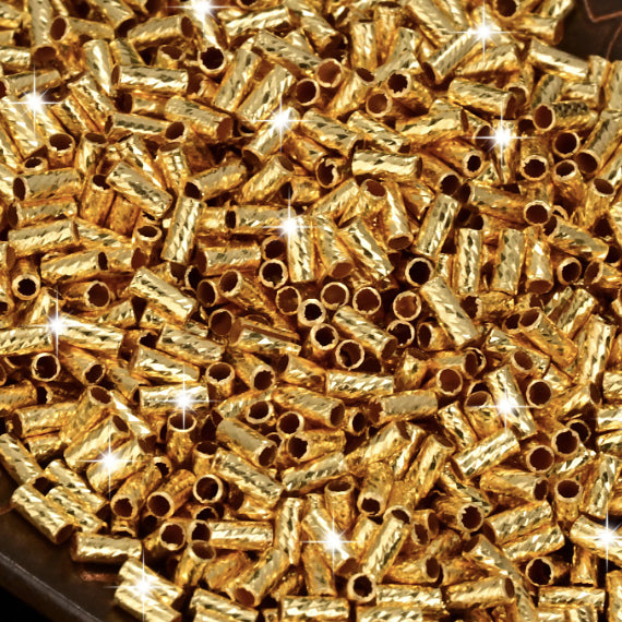 18K Solid Gold Diamond-Cut Tube Beads – Long 6mm or Short 3mm, Pack of 10