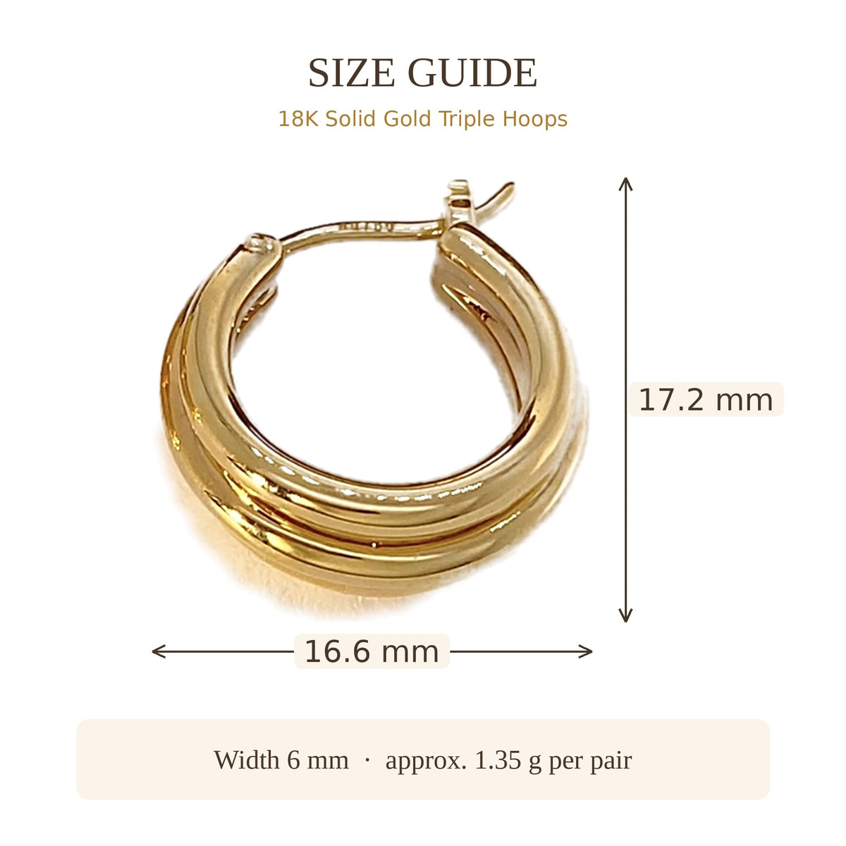 18K Solid Gold Triple Hoops