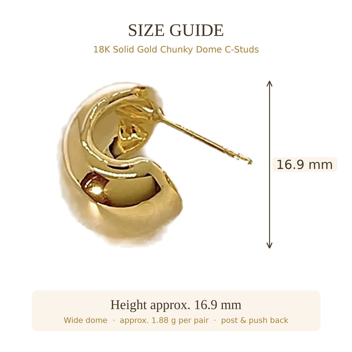 18K Solid Gold Chunky Dome C-Studs