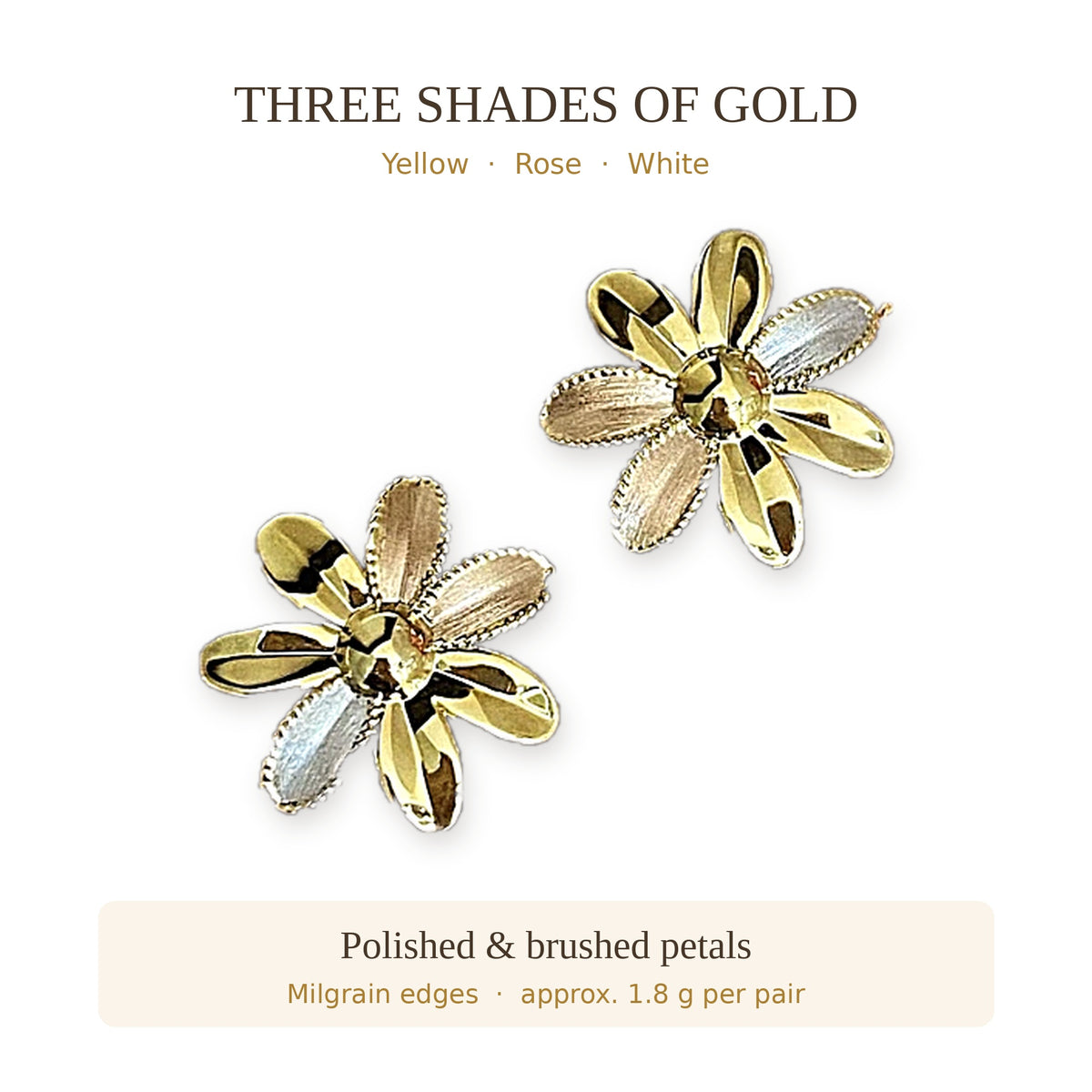 18K Solid Gold Tri-Color Daisy Studs