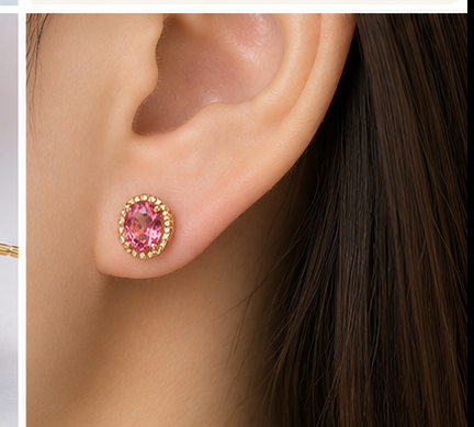 Natural Pink Tourmaline Stud Earrings, Oval Faceted Gemstones, K Gold Setting