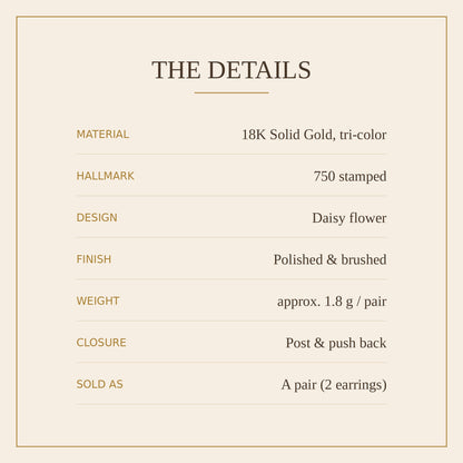 18K Solid Gold Tri-Color Daisy Studs