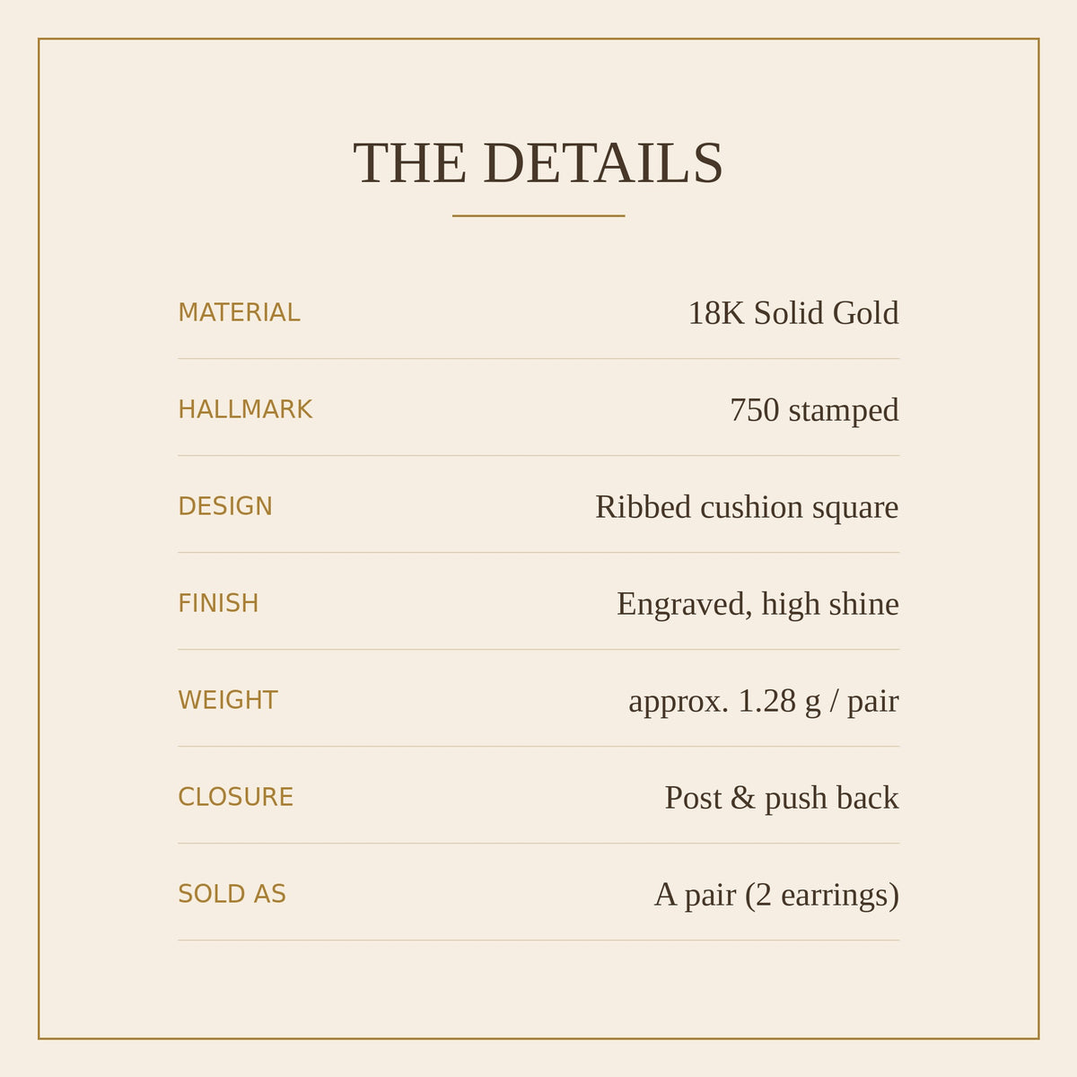 18K Solid Gold Ribbed Square Studs