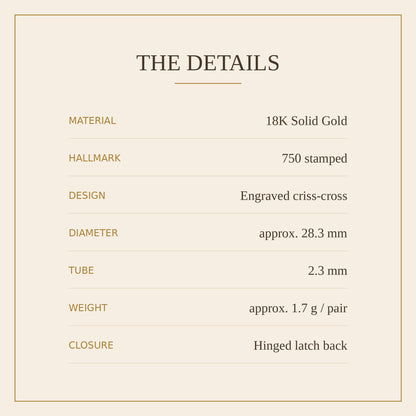 18K Solid Gold Engraved Criss-Cross Hoops