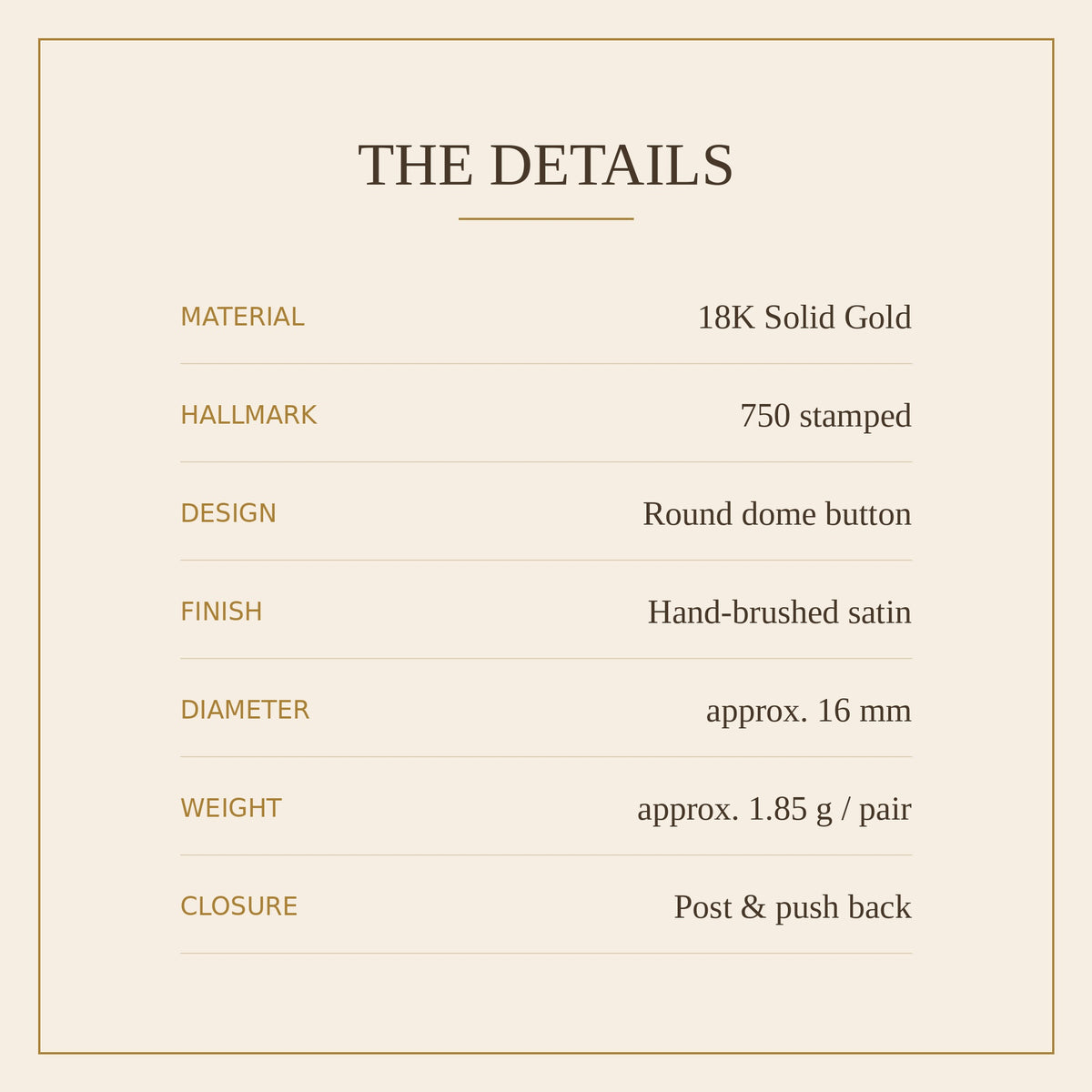 18K Solid Gold Brushed Dome Studs – 16 mm