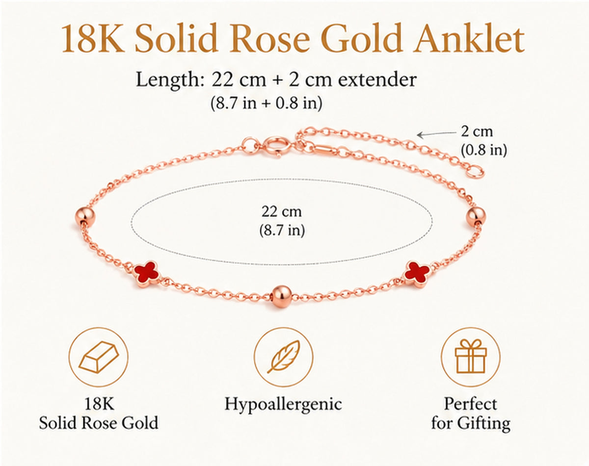 18K Solid Gold Clover Anklet – Enamel Charms