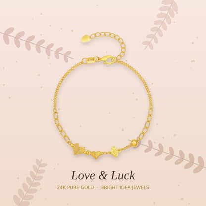 24K Pure Gold Heart & Clover Charm Bracelet