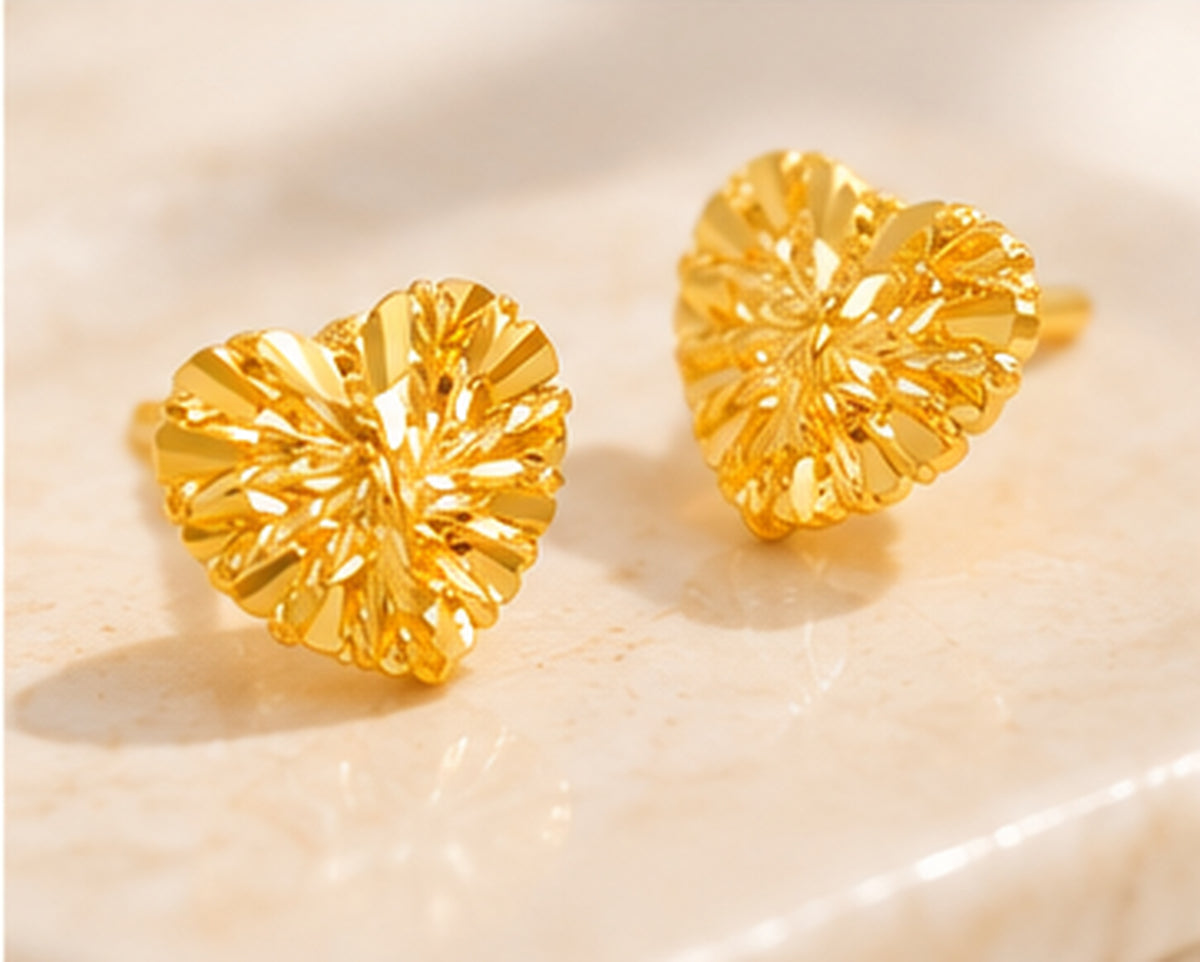 24K Pure Gold Textured Heart Stud Earrings
