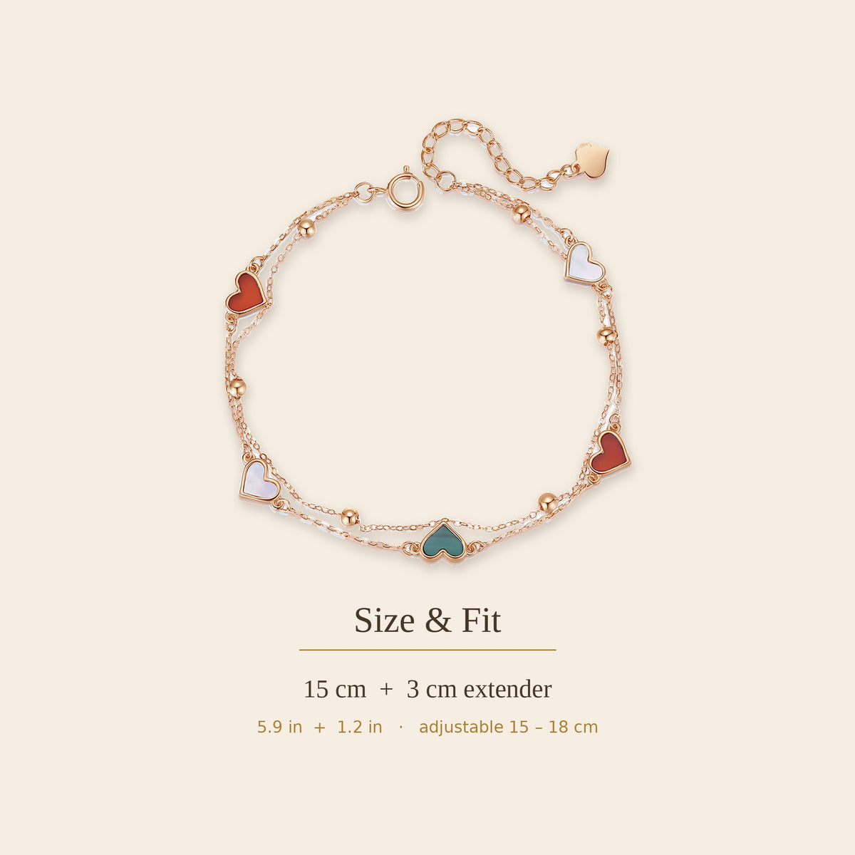18K Rose Gold Double Chain Heart Bracelet with Agate, Mother of Pearl & Malachite
