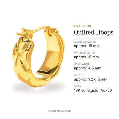 18K Solid Gold Quilted Hoop Earrings – Chunky 16 mm Huggies