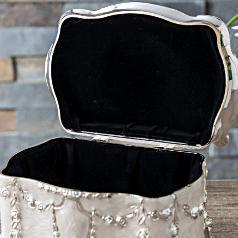 Vintage Baroque Jewelry Box – Rose Garland Footed Trinket Box, Pearl White or Antique Pewter