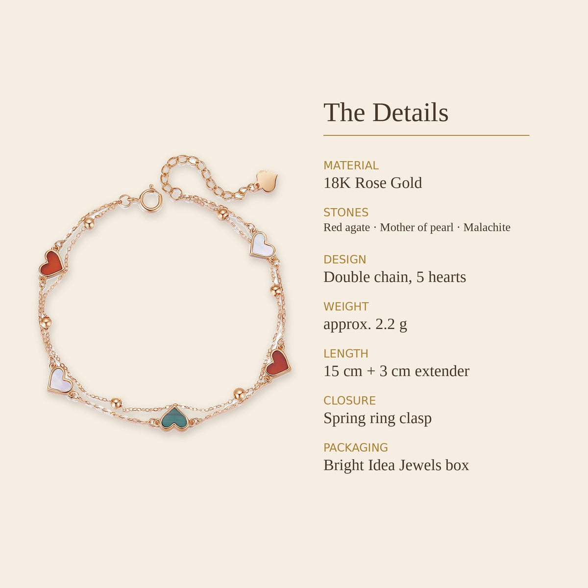 18K Rose Gold Double Chain Heart Bracelet with Agate, Mother of Pearl & Malachite