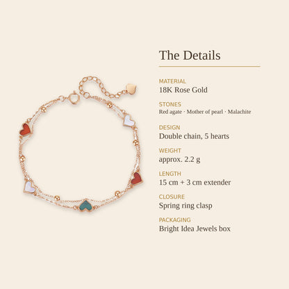 18K Rose Gold Double Chain Heart Bracelet with Agate, Mother of Pearl & Malachite