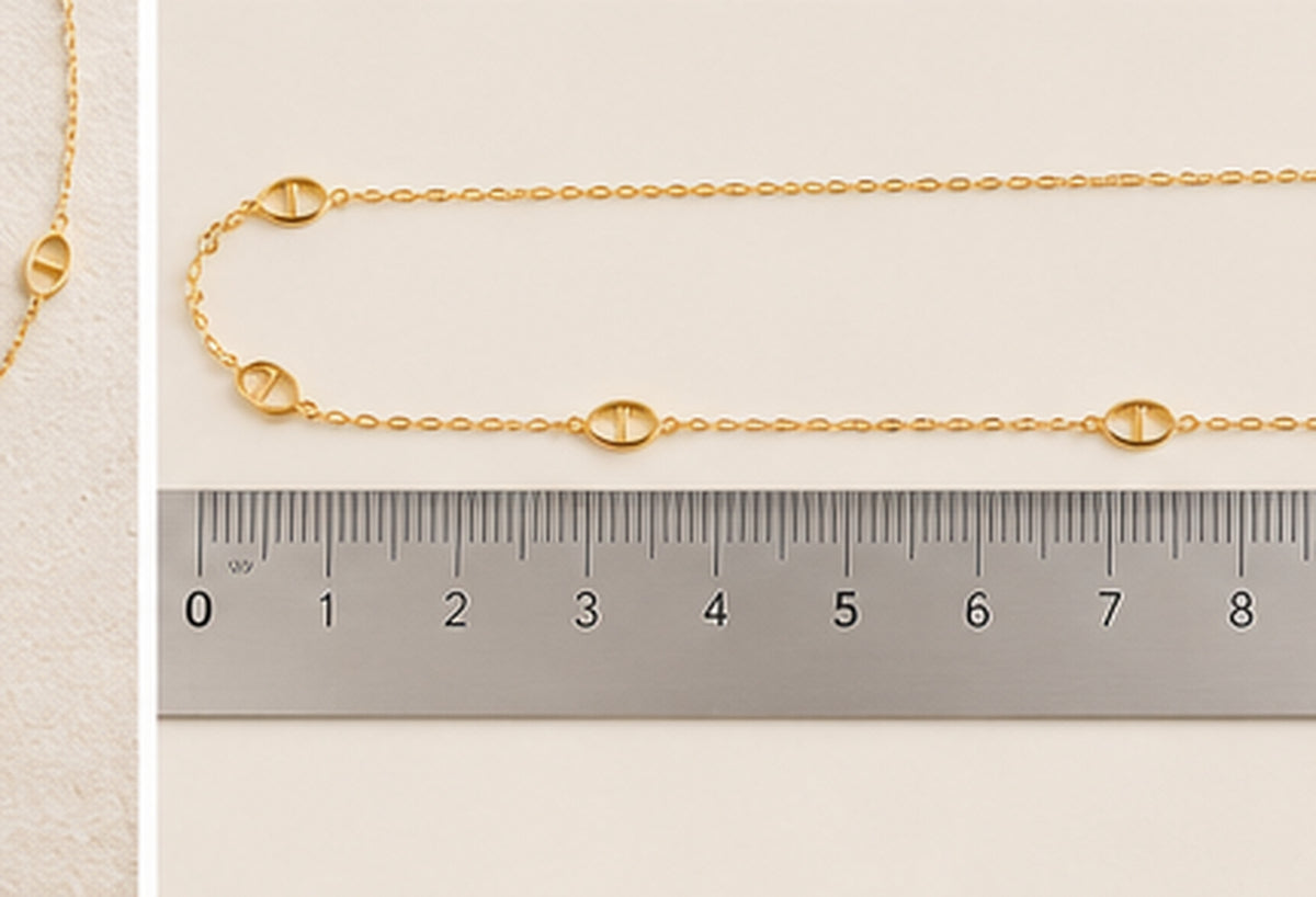 18K Solid Gold Oval Station Necklace – 45 cm