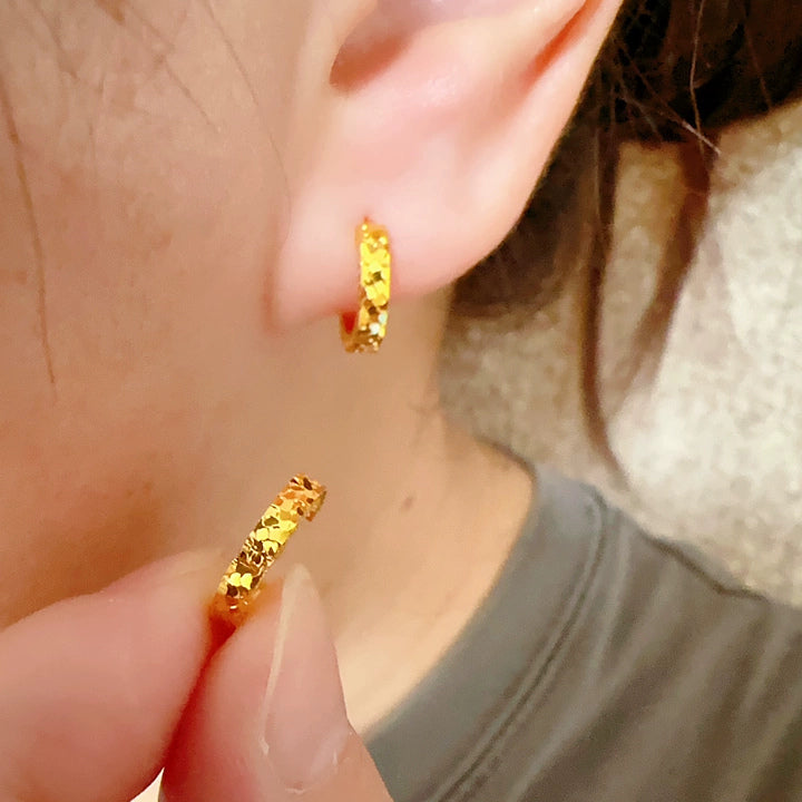 24K Pure Gold Diamond-Cut Huggie Hoops – 999 Fine Gold Sparkle Hoops 12 mm, Pair