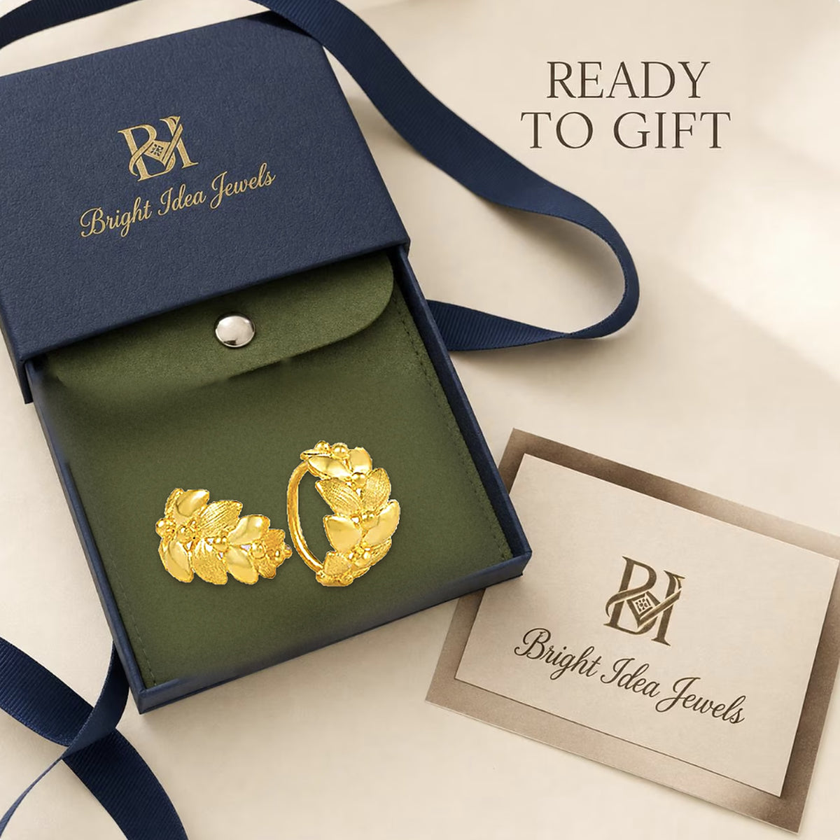 24K Pure Gold Olive Branch Huggie Hoops