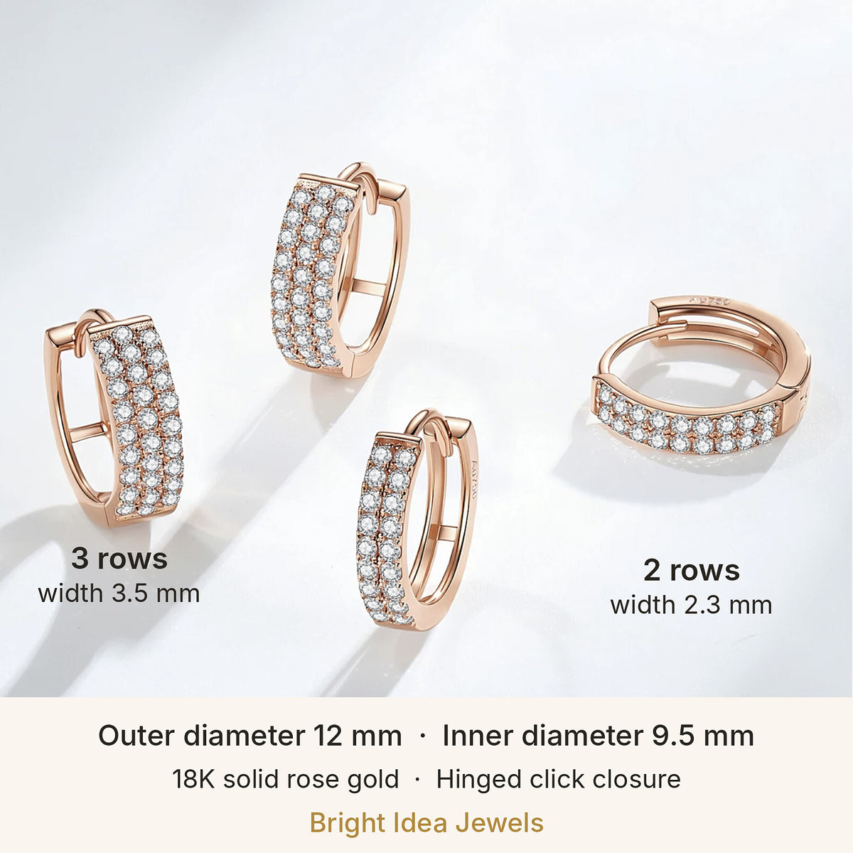 18K Rose Gold Pavé Huggie Hoops – 2 or 3 Rows Sparkle Hoop Earrings 12 mm, Pair