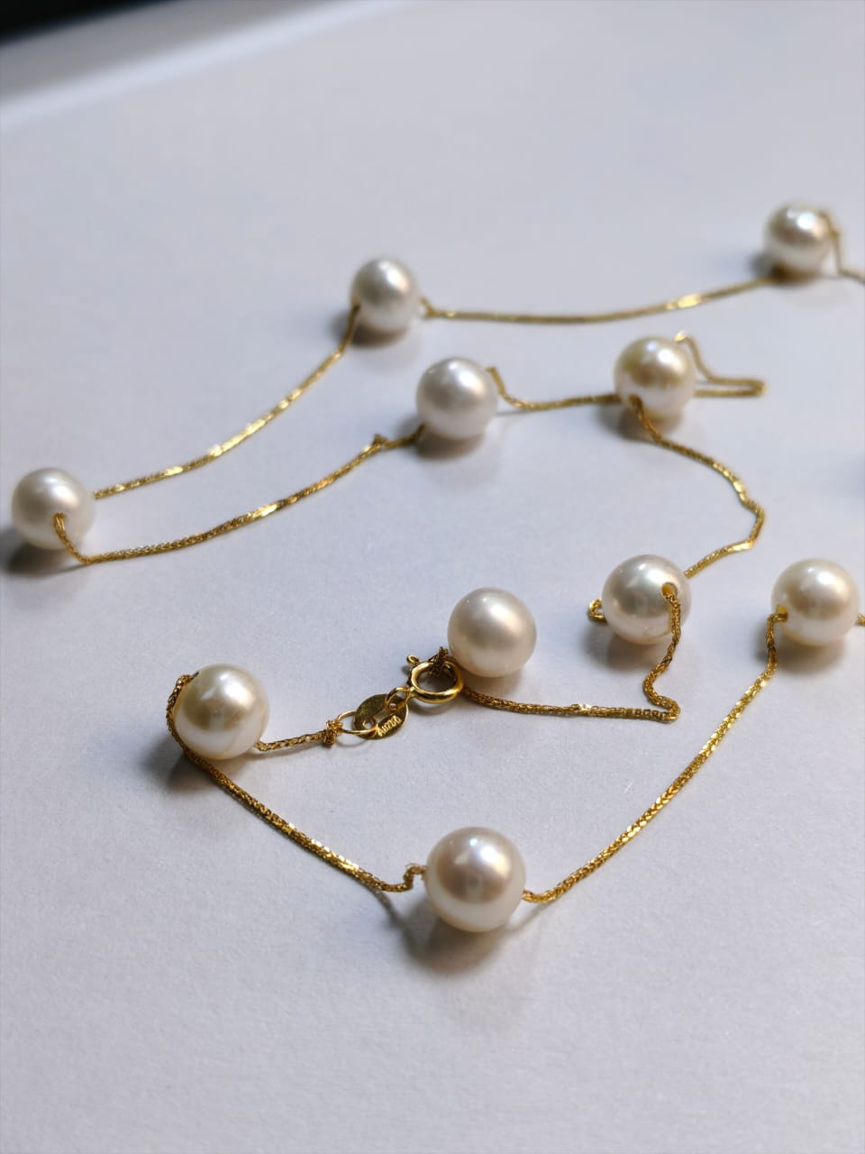 18K Real Solid Gold Necklace | Natural Freshwater Pearl Station Chain | Dainty Gold Choker