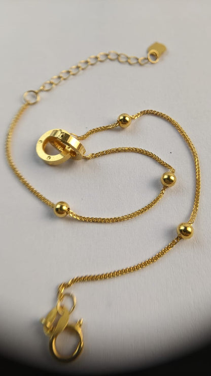 18K Solid Gold Interlocking Double Ring Bracelet, Au750 Twisted Chain with Heart Charm