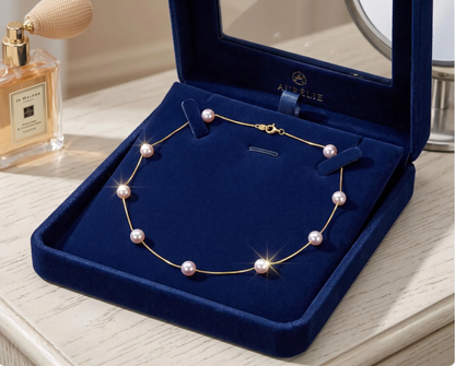 18K Real Solid Gold Necklace | Natural Freshwater Pearl Station Chain | Dainty Gold Choker