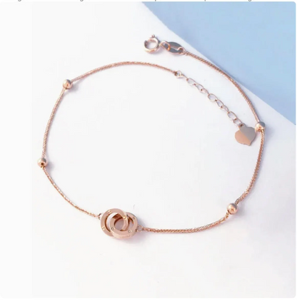 18K Solid Gold Interlocking Double Ring Bracelet, Au750 Twisted Chain with Heart Charm