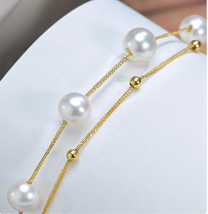 18K Solid Gold Double Row Pearl Bracelet, Au750 Chopin Chain, Real Freshwater Pearls