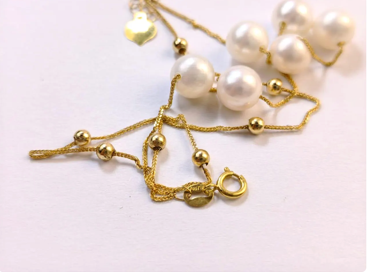 18K Solid Gold Double Row Pearl Bracelet, Au750 Chopin Chain, Real Freshwater Pearls