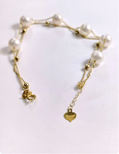 18K Solid Gold Double Row Pearl Bracelet, Au750 Chopin Chain, Real Freshwater Pearls