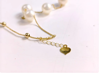 18K Solid Gold Double Row Pearl Bracelet, Au750 Chopin Chain, Real Freshwater Pearls