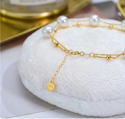 18K Solid Gold Double Row Pearl Bracelet, Au750 Chopin Chain, Real Freshwater Pearls