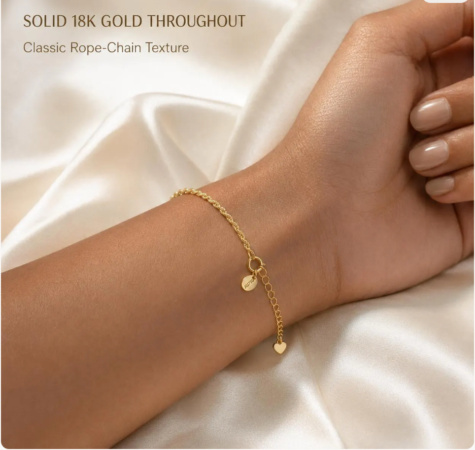 18K Solid Gold Rope Bracelet, Real Au750 Twisted Chain, Dainty Minimalist Jewelry