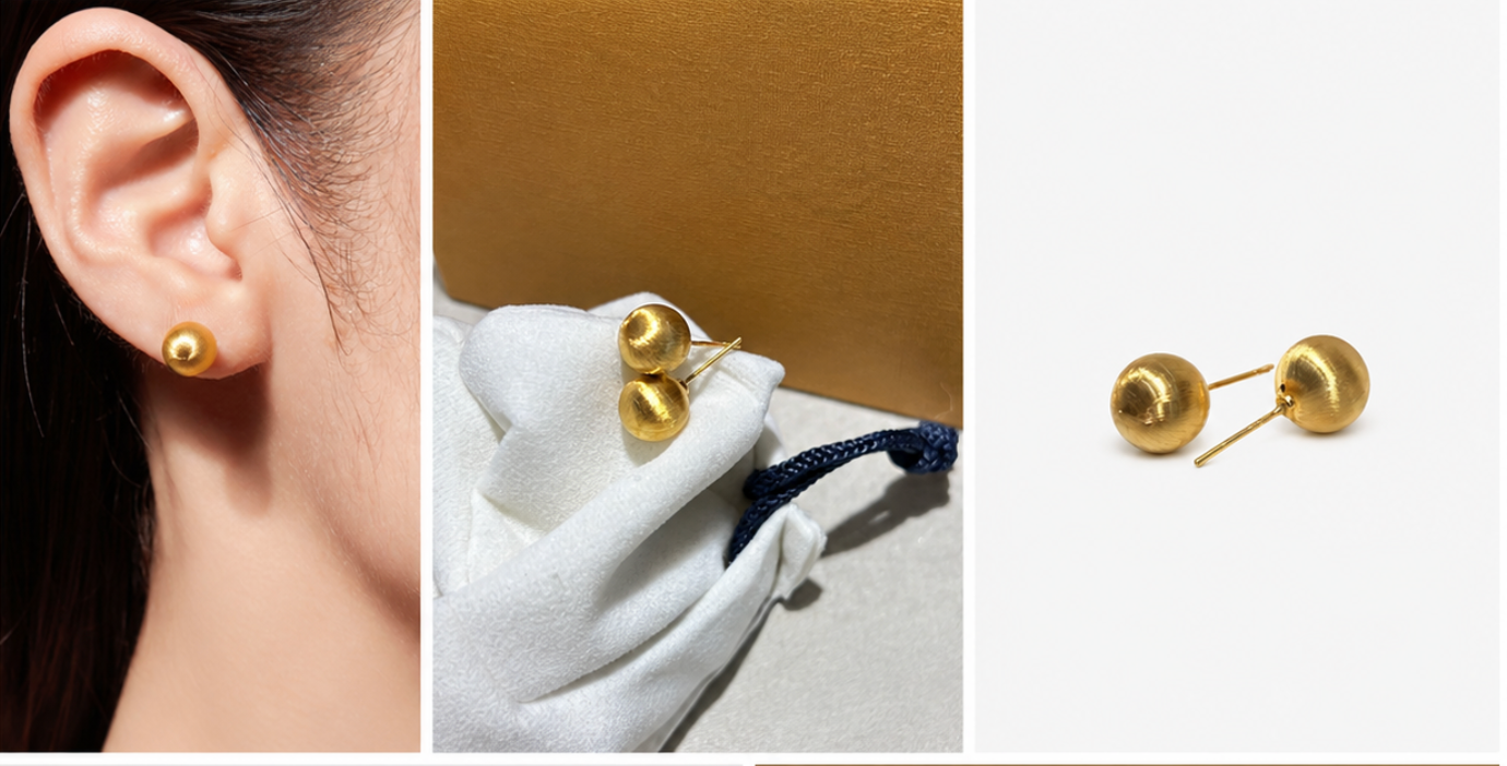 18K Solid Gold Ball Stud Earrings, AU750 Brushed Gold Studs, Leopard Print Earrings, Round Minimalist Earrings, Gift for Her