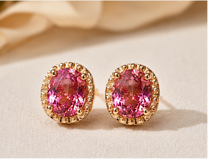 Natural Pink Tourmaline Stud Earrings, Oval Faceted Gemstones, K Gold Setting