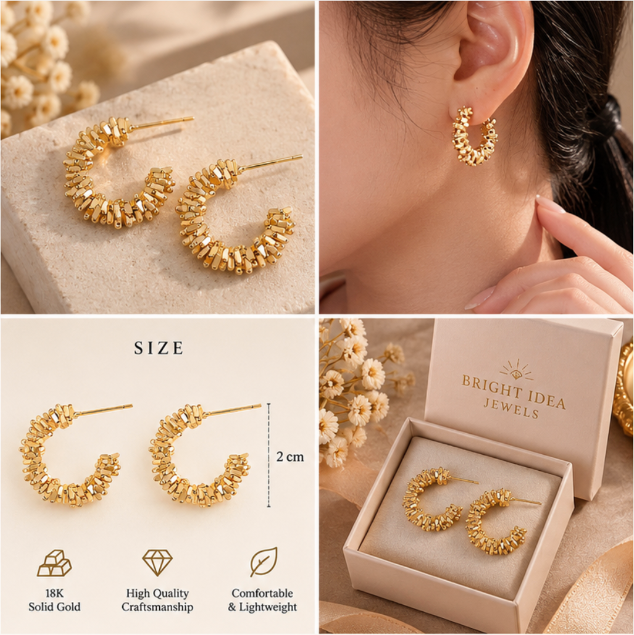 18K Gold Textured C-Shaped Hoop Earrings, Modern Statement Jewelry
