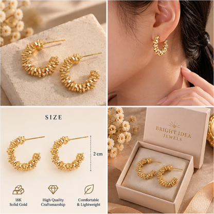 18K Gold Textured C-Shaped Hoop Earrings, Modern Statement Jewelry