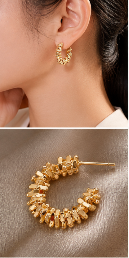 18K Gold Textured C-Shaped Hoop Earrings, Modern Statement Jewelry