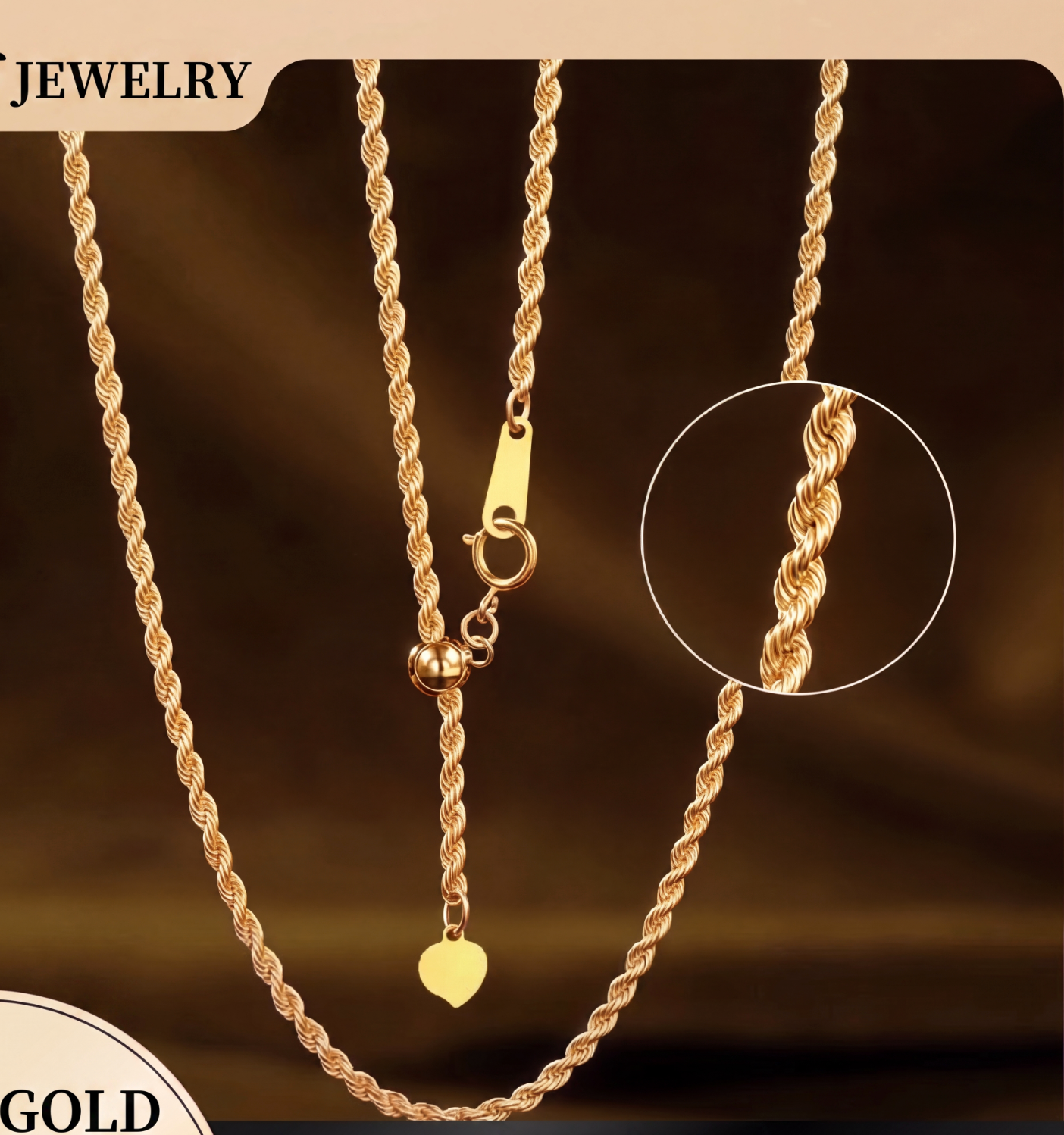 18K Solid Gold Rope Chain Necklace | 41-50cm | Yellow Gold | Adjustable