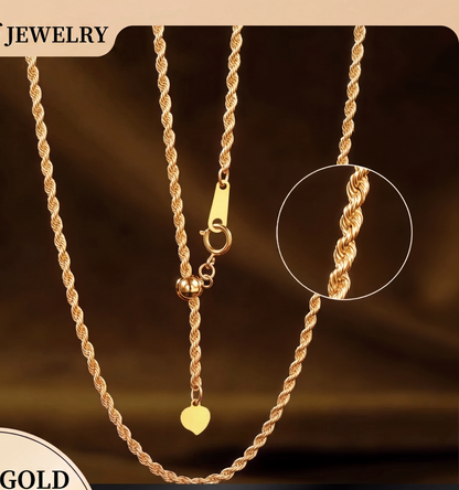 18K Solid Gold Rope Chain Necklace | 41-50cm | Yellow Gold | Adjustable