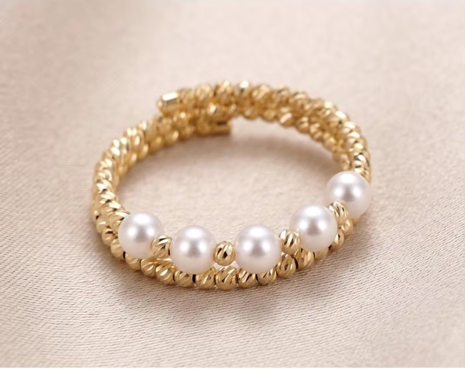 18K Solid Gold Pearl Ring, Freshwater Beaded Stretch Band, Minimalist Wedding Jewelry