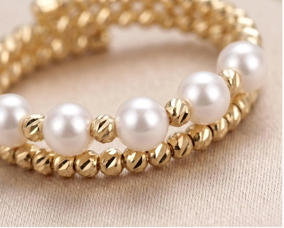 18K Solid Gold Pearl Ring, Freshwater Beaded Stretch Band, Minimalist Wedding Jewelry