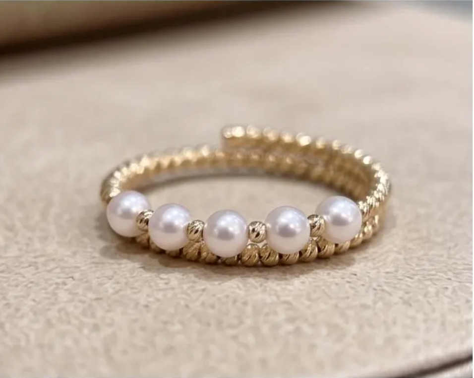 18K Solid Gold Pearl Ring, Freshwater Beaded Stretch Band, Minimalist Wedding Jewelry