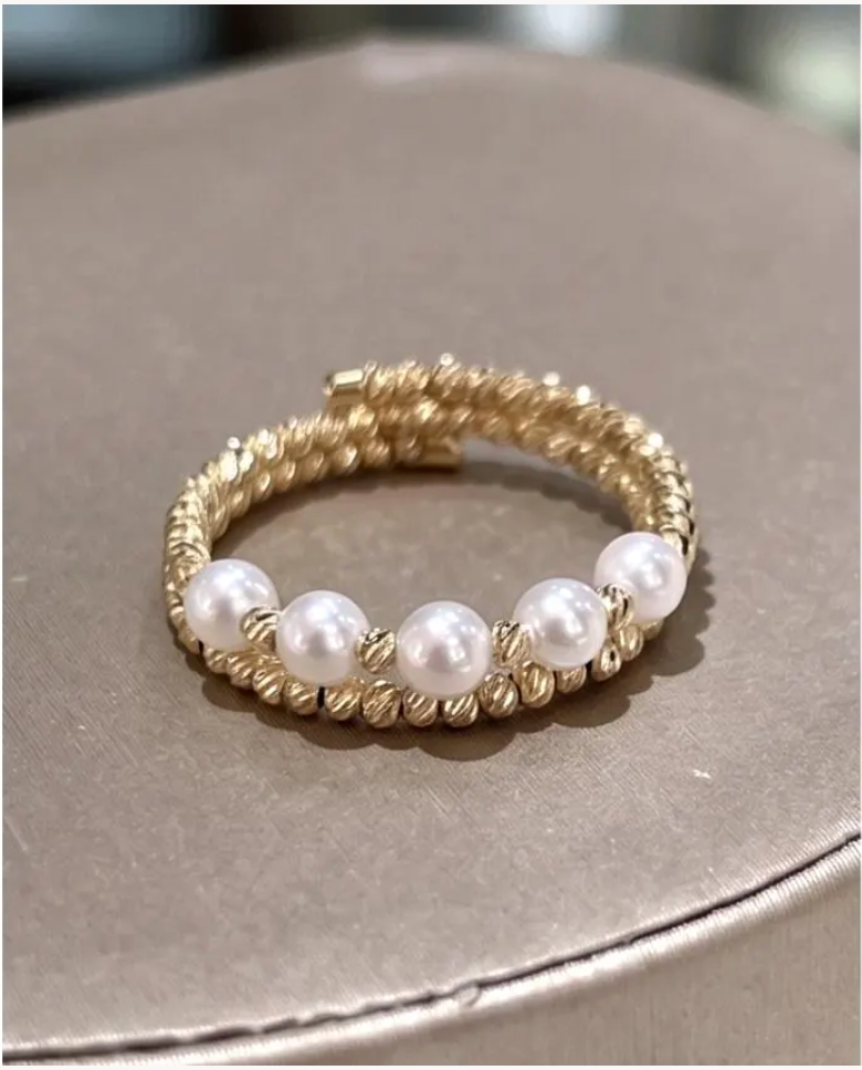 18K Solid Gold Pearl Ring, Freshwater Beaded Stretch Band, Minimalist Wedding Jewelry