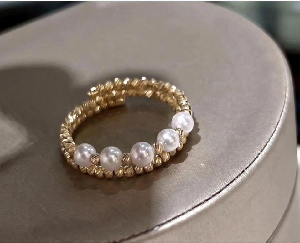 18K Solid Gold Pearl Ring, Freshwater Beaded Stretch Band, Minimalist Wedding Jewelry
