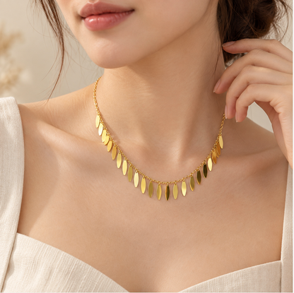 18K Solid Gold Willow Leaf Necklace, AU750 Dainty Fringe Choker